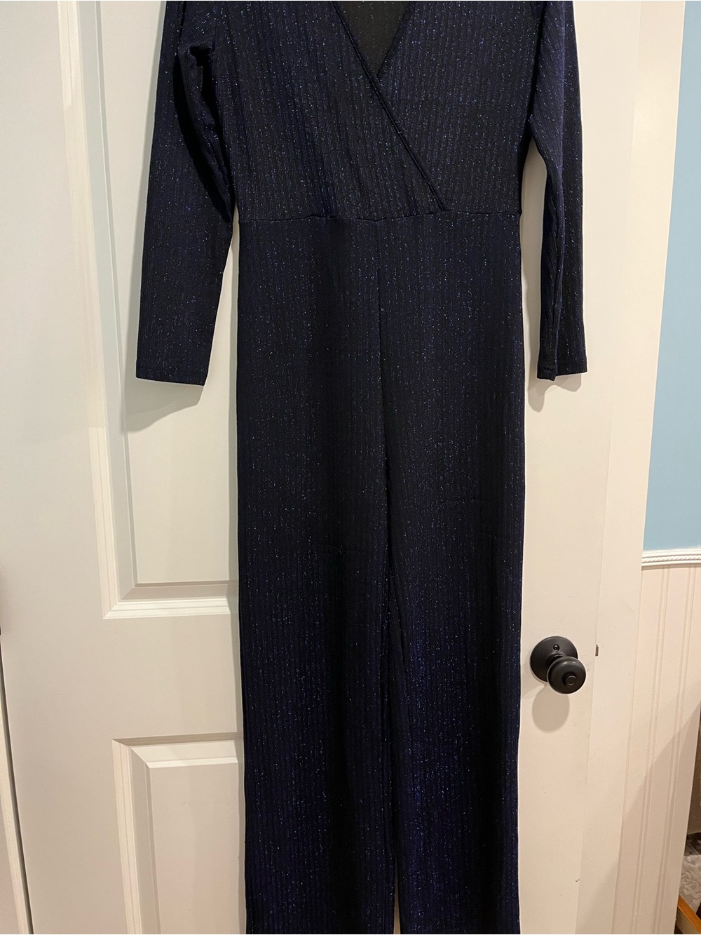 Women's Navy Sparkle Jumpsuit - Long Sleeve V-Neck